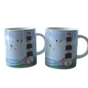 Set of 2 Thomson Nautical Lighthouse Sailboat Mugs Coastal Beach Drinkware